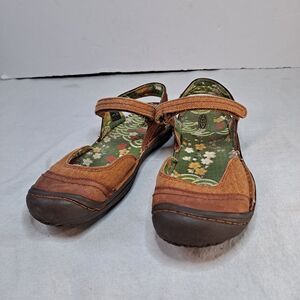 Keen Cap Toe Mary Jane Shoes Womens Size 9 Brown Leather Canvas Slingback Sandal